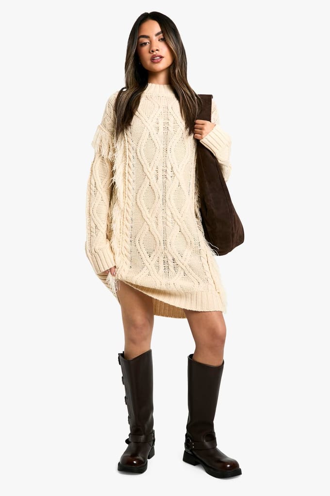 boohoo Dames Tassel Gebreide Kabel Mini Jumper Jurk | Stone | Maat: Small