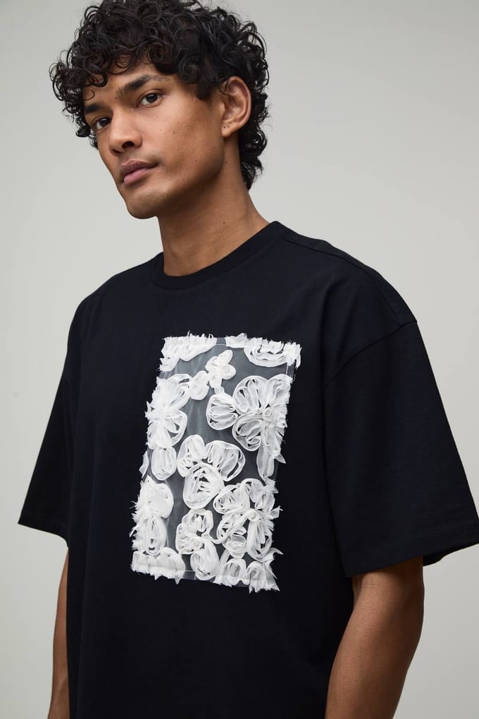 Oversized Boxy Heavyweight T-shirt Met Bloemenversiering | Black | Size Medium