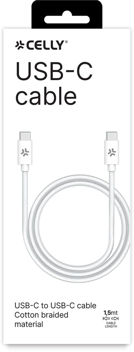 Celly USB-C naar USB-C kabel – Voor Android & iPhone - Katoen Gevlochten – Tot 100 Watt - Duurzaam en stevig - 1,5 meter - Wit