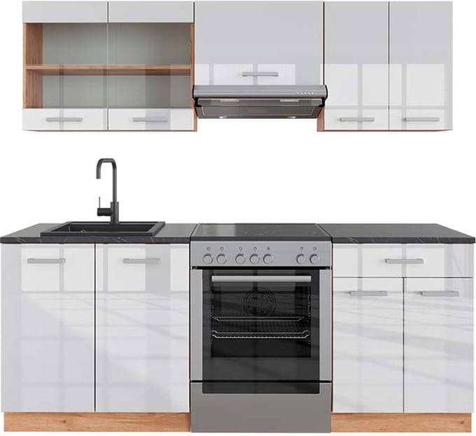 Vicco R-Line Complete keukeneenheid – 200 cm, WB Antraciet Wit hoogglans/goud power eiken