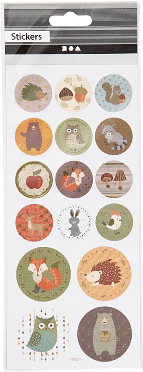 Stickers, bosdieren, vel 10x23 cm, ca. 16 stuk, 1 vel