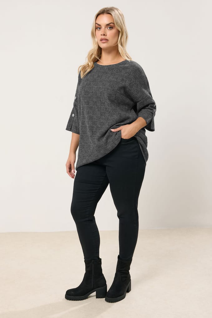 Yours Grijze Geruite Zachte Top Met Knopen Size 48