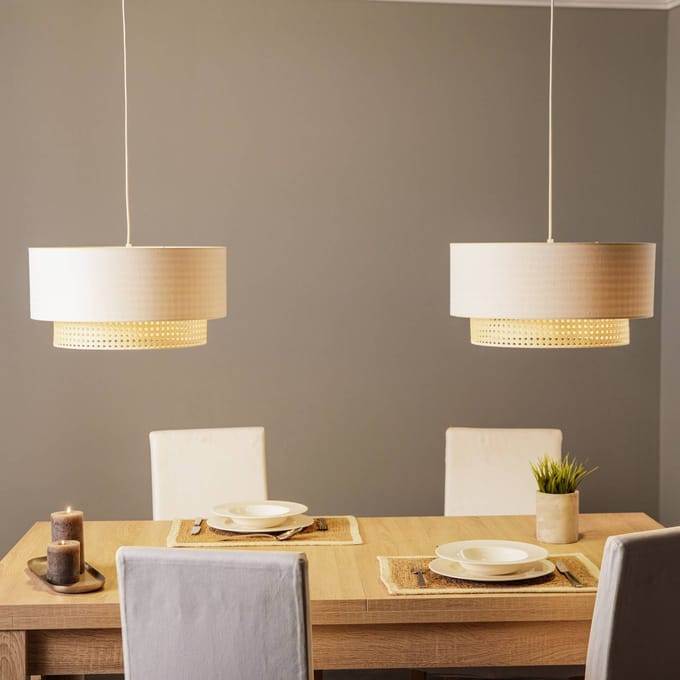 Duolla Boho-hanglamp, ecru/hout, 2-lamps, textiel/rotan