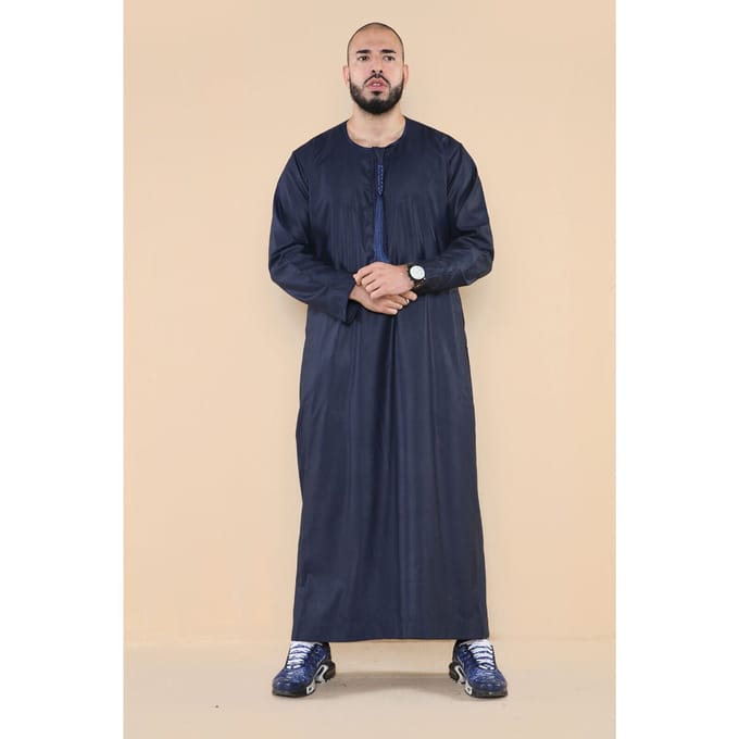 Mens Navy Thobe Jubba Saoedi-Islamitische Arabische Eid Emirati Kaftan Jubbah Tassel Robe