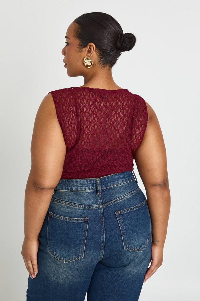 boohoo Dames Plus Kant Racerback Bodysuit | Burgundy | Maat: 22