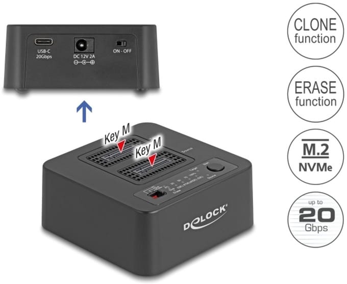 Delock USB 20 Gbps M.2 Docking Station for 2 x M.2 NVMe PCIe SSD with Clone and Erase Function