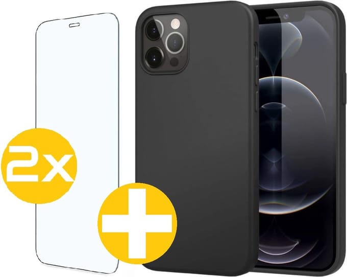 Hoesje en Screenprotector Combi Geschikt Voor iPhone 12 Pro Max - Zwarte Siliconen Hoesje + 2x Screenprotector