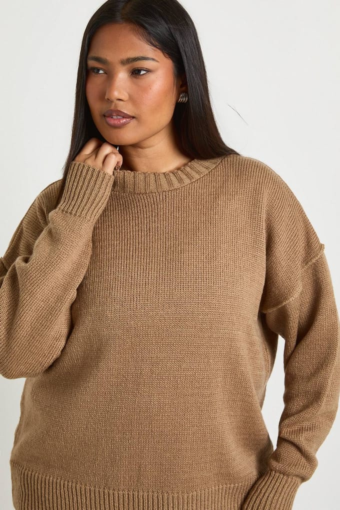 boohoo Dames Plus Gebreide Trui met Zichtbare Naden | Taupe | Maat: 28