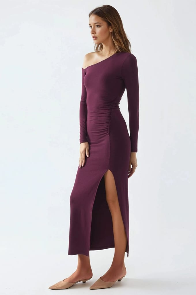 Asymmetrische Kraag Maxi Jurk met Splits