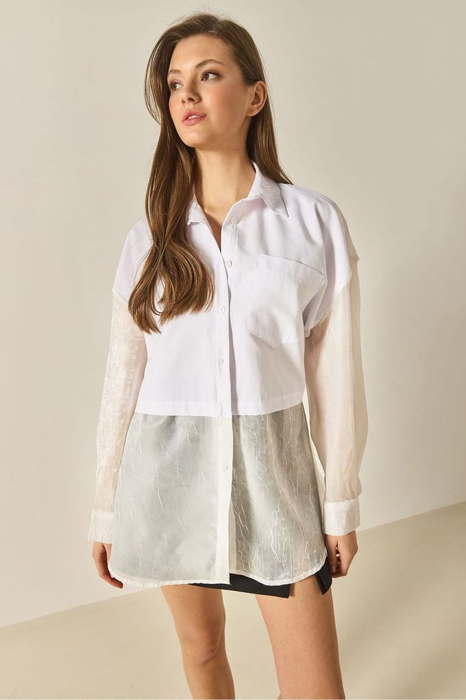 Overmaatse Langemouwen Organza Blouse met Knopsluiting