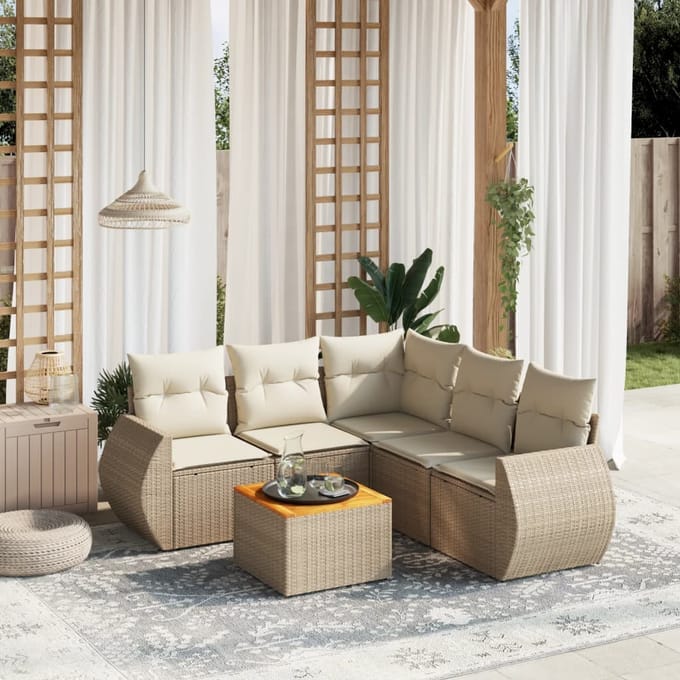 vidaXL - 6-delige - Loungeset - met - kussens - poly - rattan - beige