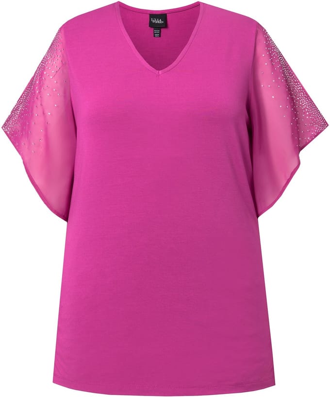 Ulla Popken - Dames - Tuniek glittersteentjes A-lijn V-hals 3/4-mouwen - Orchidee - Maat 46+