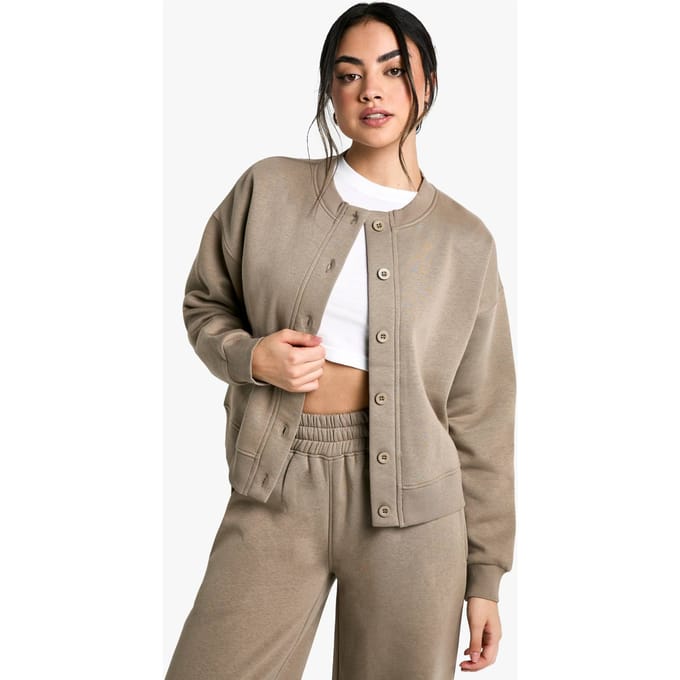 boohoo Dames Fleece Cardigan met Hoge Kraag | Kaki | Maat: Medium
