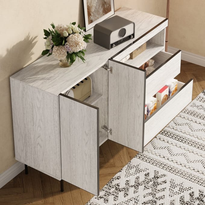 MODENUIT Dressoir - Greeploos Met 2 Deuren, 2 Laden En Open Vakken - Voor Woon- En Eetkamer - Wit - 140x42x77 cm