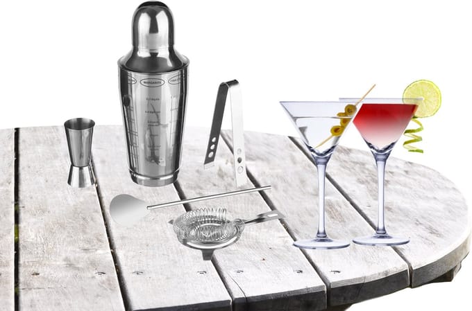 Cocktailshaker set RVS 5-delig inclusief 4x cocktail/martini glazen 220 ml