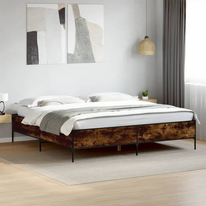 vidaXL - Bedframe - bewerkt - hout - metaal - gerookt - eikenkleurig - 200x200 - cm