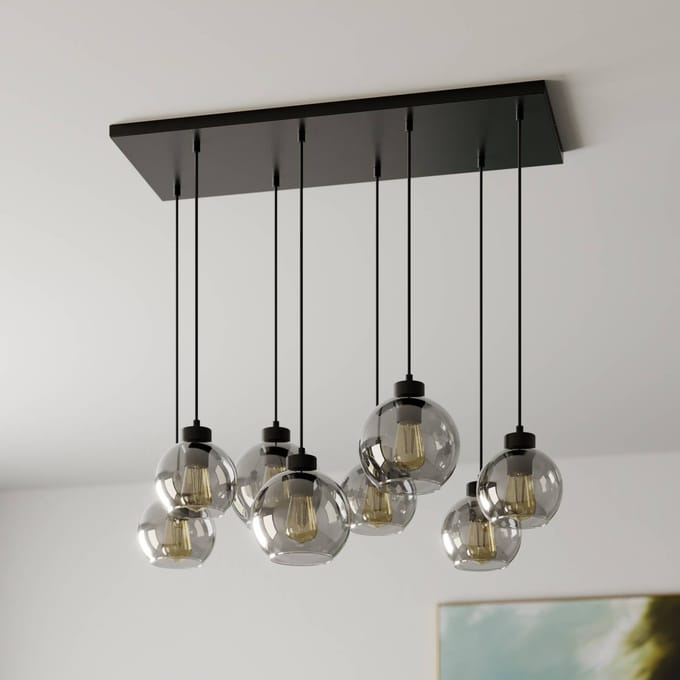 TK Lighting Hanglamp Cubus, 95 cm lang, 8-lamps, rookgrijs, glas