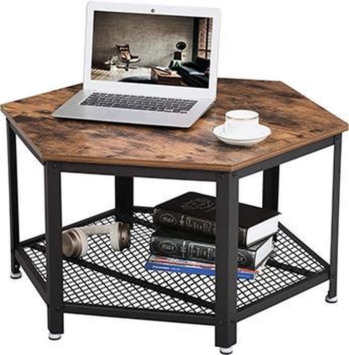 Salontafel - Zeshoekige Rustieke Look - Zwart Metaal - Vintage Bruin