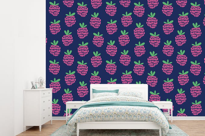 Behang - Fotobehang Patroon - Framboos - Retro - Breedte 385 cm x hoogte 280 cm