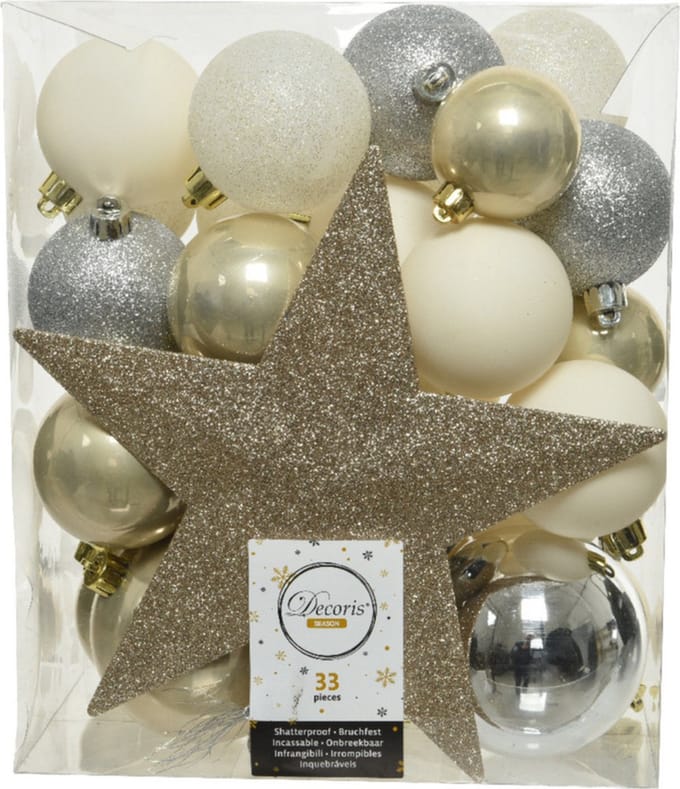 Decoris kerstballen set - 34-dlg - champagne/zilver/wit - incl. piek - kunststof - kerstversiering