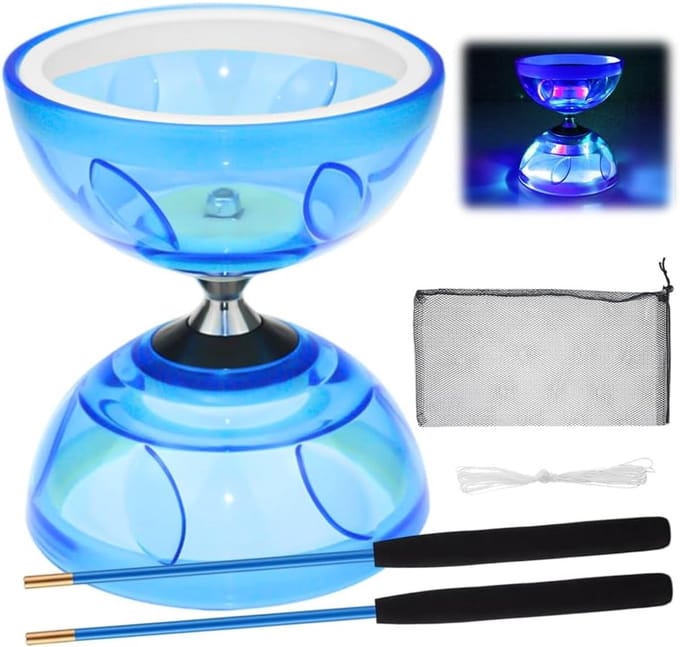 LED Diabolo - Jongleerspeelgoed Set - Circus Jongleren - Vrijloop Kogellagers - 10.5cm Diameter - Blauw
