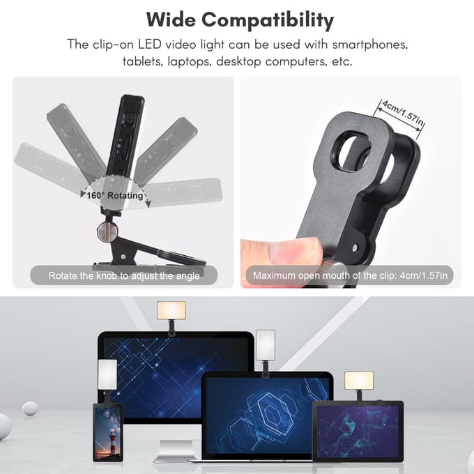 Andoer Pocket LED-videolamp met schermclip Computer Tablet Mobiele telefoon Videoconferentielamp zwart