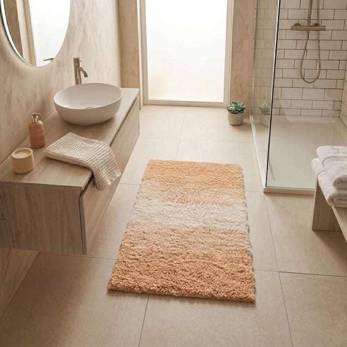 FLOORDIREKT Wave Baddeken - Antislip & Sneldrogend - Baddeken - Badmat - Douchemat - Beige/Wit - 70 x 100 cm