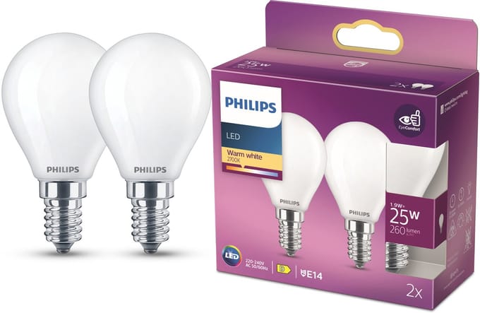 Philips LED spot Classic Mini-ball 2.2W/827 (25W) Frosted 2-pack E14