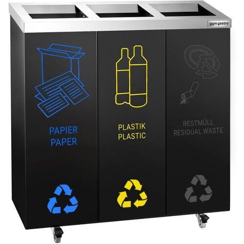 GGM Gastro Afvalscheidingssysteem - 3 vakken van 25 liter - 755x255x725mm - met wielstel, kleurcodering - zwart/zilver - staal zwart;zilver
