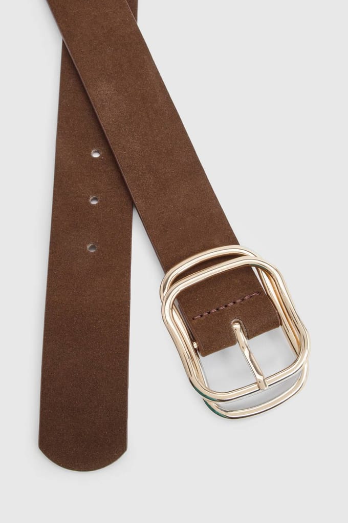 boohoo Dames Nep suede riem met dubbele gespdetails | Chocoladebruin | Maat: Small/Medium