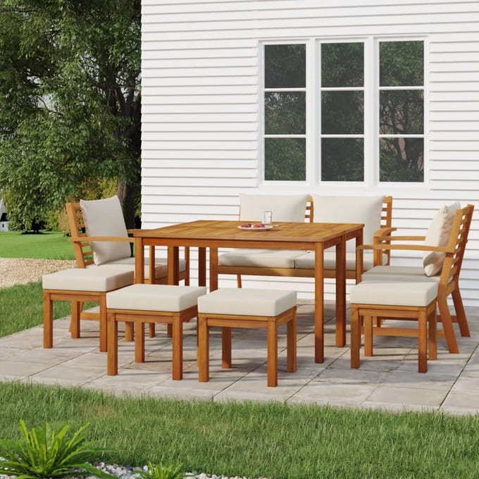 vidaXL - 9-delige - Tuinset - met - kussens - massief - acaciahout