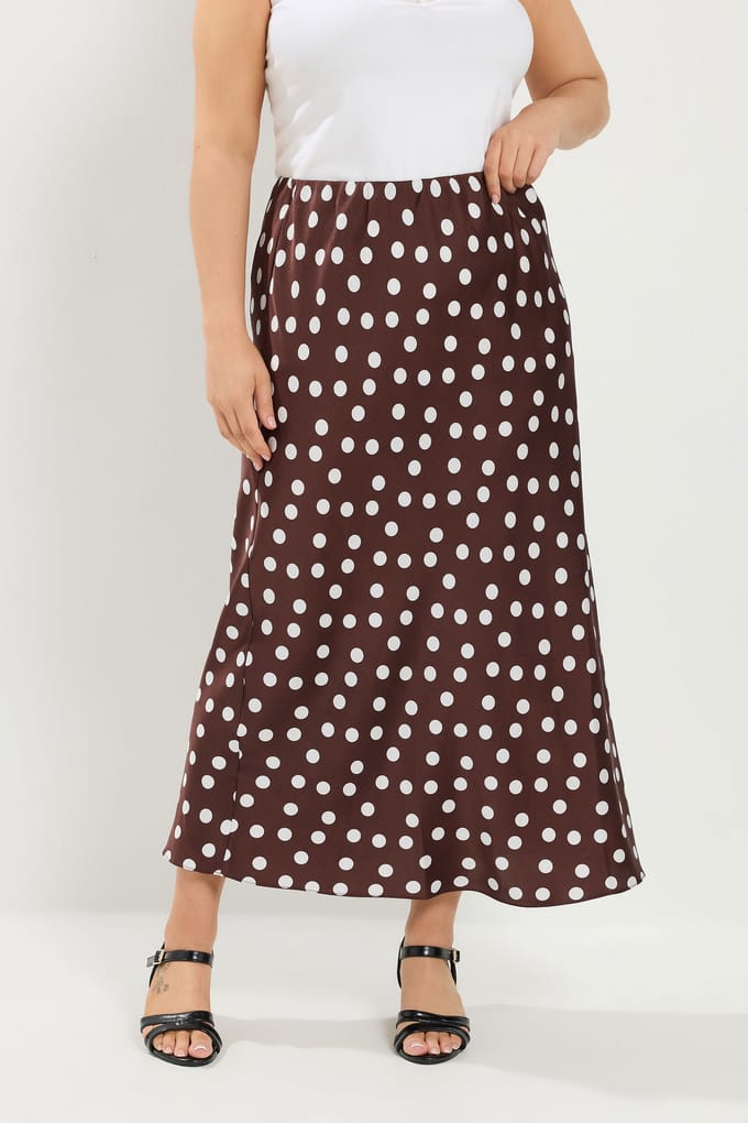 Yours Satijnen Rok Met Stippen In Chocoladebruin Size 44