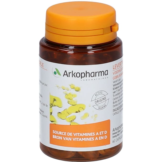 Arkopharma – Levertraanolie om een Normaal Beendergestel en Goede Cerebrale Functies te Behouden – 60 Capsules