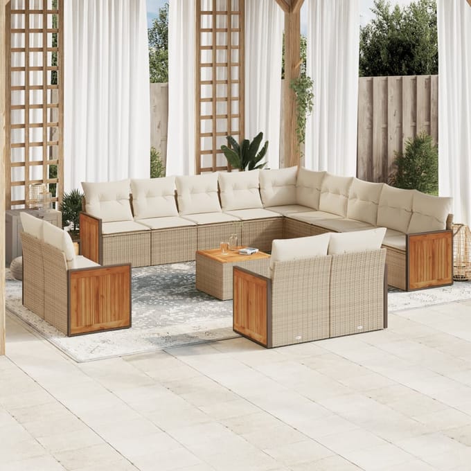 vidaXL - 14-delige - Loungeset - met - kussens - poly - rattan - beige