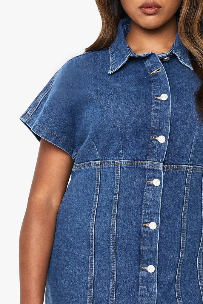 boohoo Dames Plus Button Down Denim Mini-jurk | Mid Blue | Maat: 28