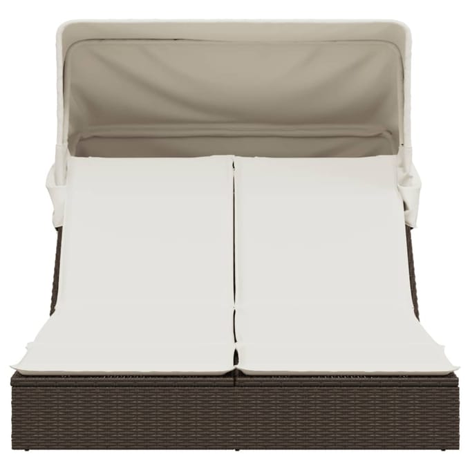 vidaXL - Ligbed - 2-persoons - met - luifel - en - kussens - poly - rattan - bruin