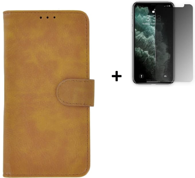 Hoesje Geschikt voor iPhone 11 + Screenprotector iPhone 11 - iPhone 11 Hoes Wallet Bookcase Bruin + Privacy Tempered Glass