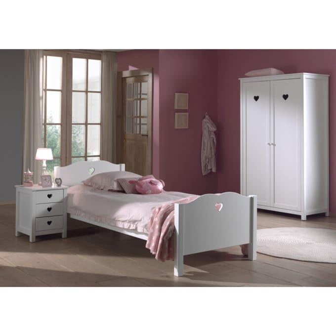 LUCEVI - Amori bed + Lattenbodem + Nachtkastje + 2 Deurs Kleerkast - Wit - 90x200 cm