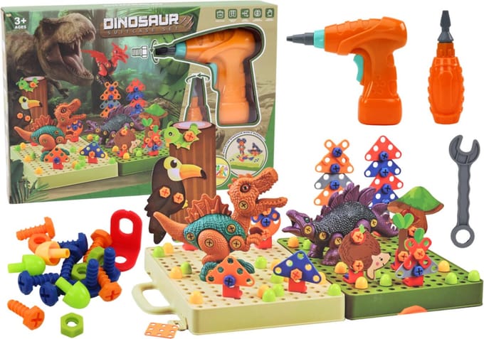 Playos® - Schroevendraai Dinosaurus - 3D Bouwen - in Koffer - met Boormachine - Doos - Constructiespeelgoed - Educatief - Bouwen - Sinterklaas