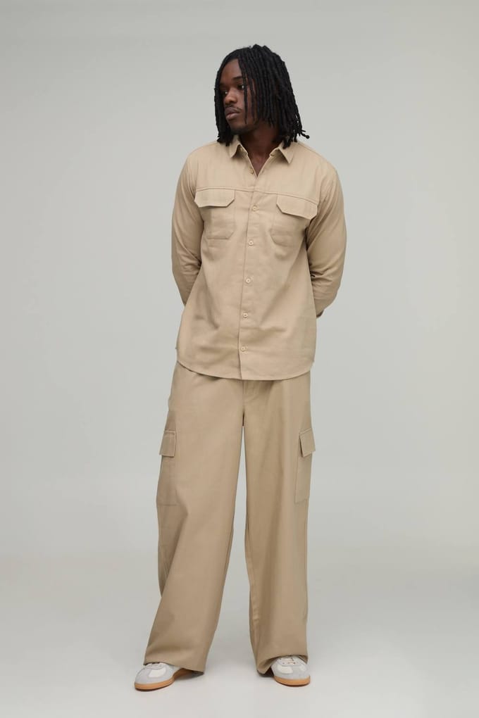 Tall Regular Overhemd & Straight Fit Cargobroek Set | Stone | Size Medium