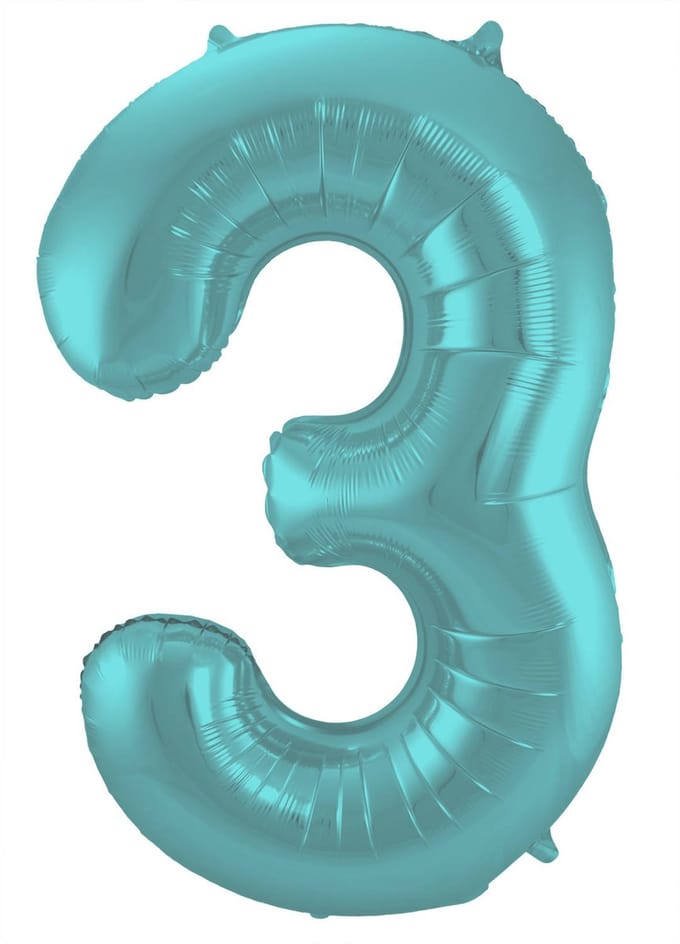 Folieballon Cijfer 3 Aqua Metallic Mat - 86 cm