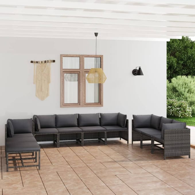 vidaXL - 10-delige - Loungeset - met - kussens - poly - rattan - grijs