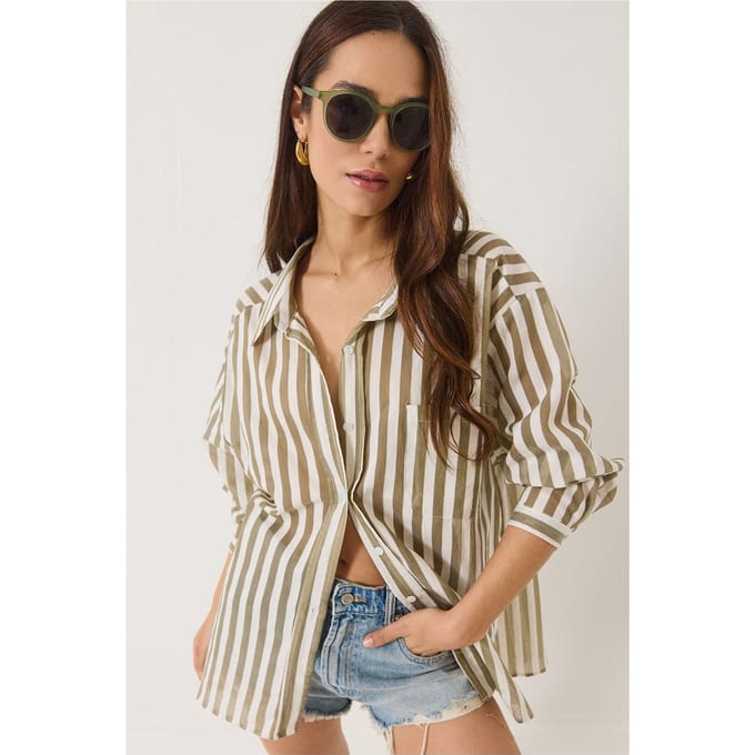Oversized Gestreepte Poplin Shirt met Pocketdetail