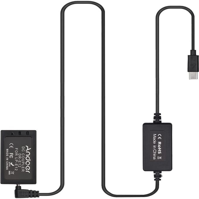 Andoer PD USB Type-C-kabel naar DR-E12 Dummy-batterij DC-koppeling LP-E12 Vervanging voor Canon EOS M2 zwart