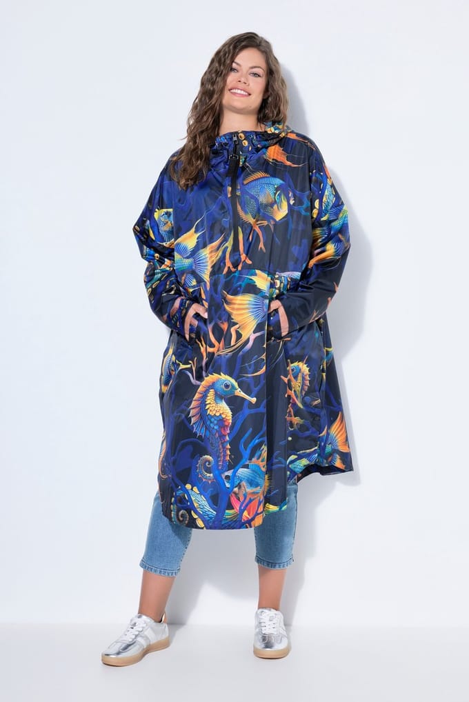Laurasøn - Dames - Functionele regencape unisex print capuchon - Marine - Maat 1