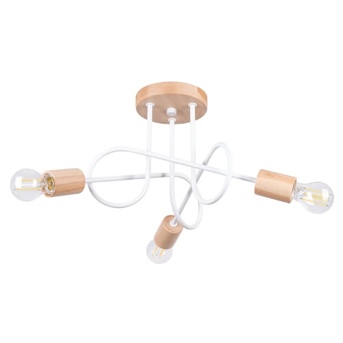 Kroonluchter EMBER 3 met 3 metalen armen en houten accenten - Sollux Lighting - IP20 - Wit/natuurlijk hout staal/hout behuizing - 14 x 56 x 26 cm - 3 x E27 LED, exclusief lichtbron - 3 x 15 W - Minimalistische kroonluchter voor gang, hal en woonkamer