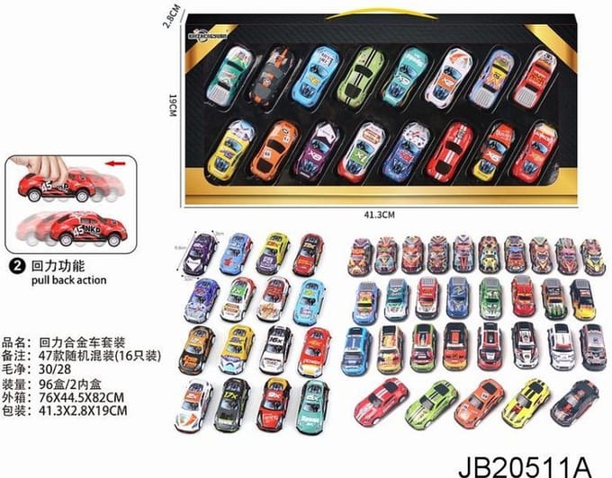 Pull Back Car (Die Cast)16 Auto'S (Doos 41,30X19X2,8Cm).