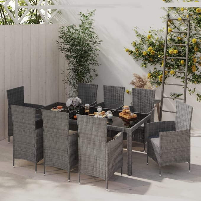 vidaXL - 9-delige - Tuinset - met - kussens - poly - rattan - grijs