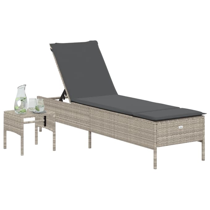 vidaXL - Ligbed - met - tafel - en - kussen - poly - rattan - lichtgrijs