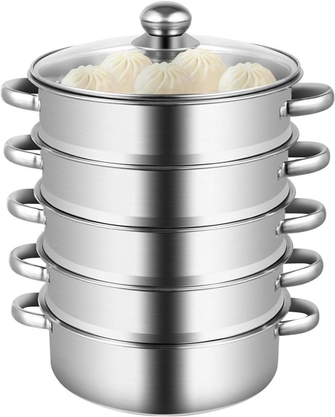 Stoomkoker - Stoompan - Gezond Koken - Vijf etages - 26 cm - Zilver